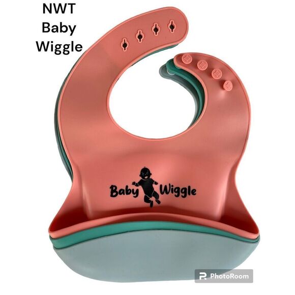 NWT Baby Wiggle Set Of 3 Unisex Silicone Bibs With Food Pouch/Catcher - Picture 2 of 9